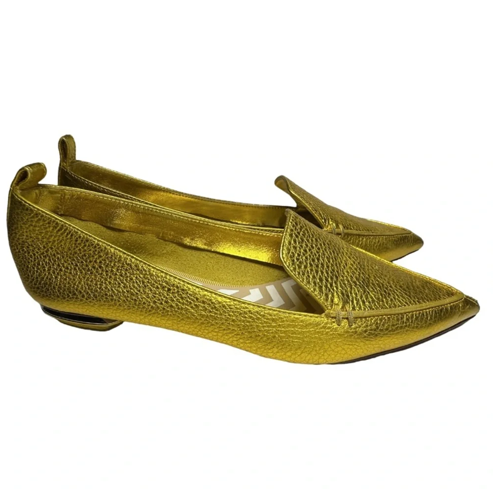 NICHOLAS KIRKWOOD | Beya Gold Leather Pointed Toe Flat Loafer Shoe Lux